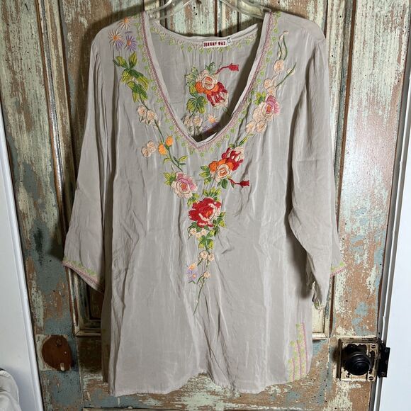 Johnny Was Tops - Johnny Was Taupe Top V Neck Extensive Floral Embroidery Large SEE LISTING